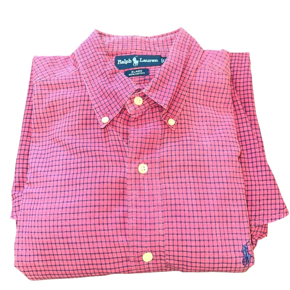 Ralph Lauren Blaire Mens Large Red Navy Blue Check Cotton Button Down‎ Shirt L